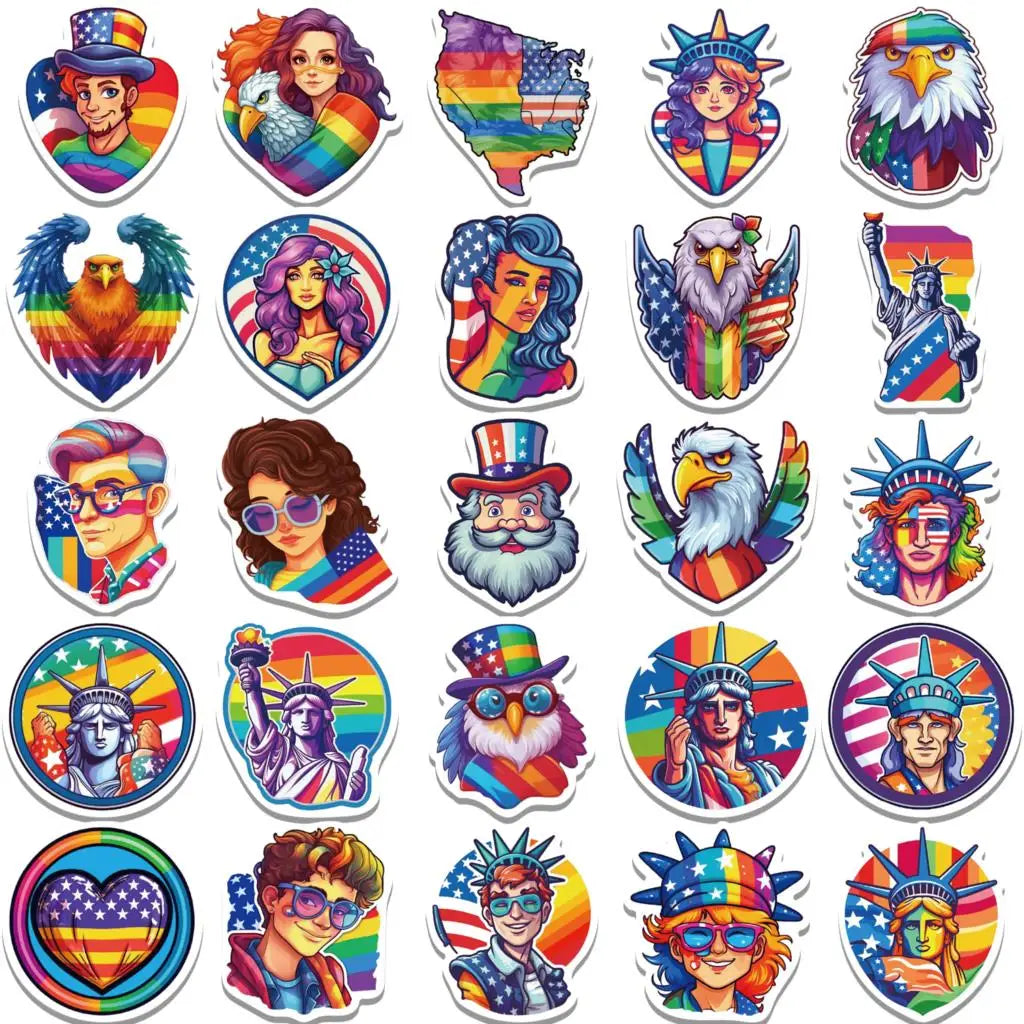 10/25/50PCS Cartoon Colorful Independence Day Colorful Graffiti Sticker Waterproof DIY Luggage Laptop Helmet Bottle Skateboard