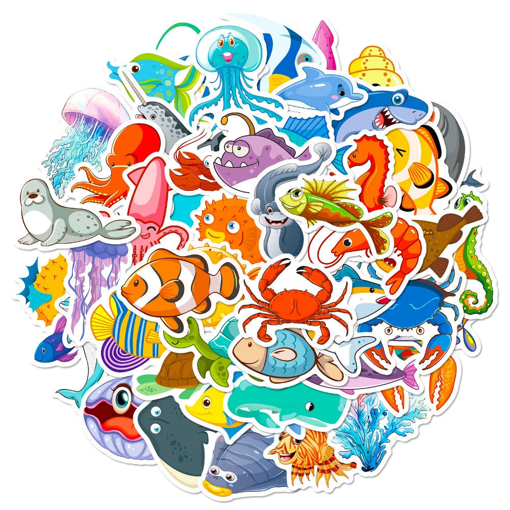 10/50Pcs Cartoon Marine Life Fish And Shrimp Sticker For Kids Toys Luggage Laptop Ipad Skateboard Stickers Wholesale