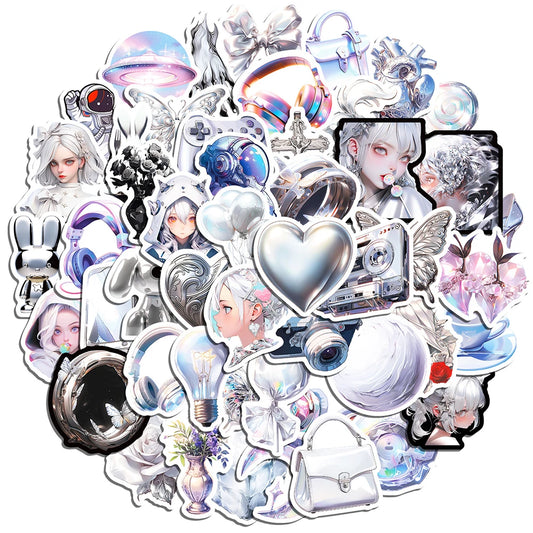 Silver Cartoon Graffiti Stickers Pack - Cute DIY Skateboard & Luggage Decor
