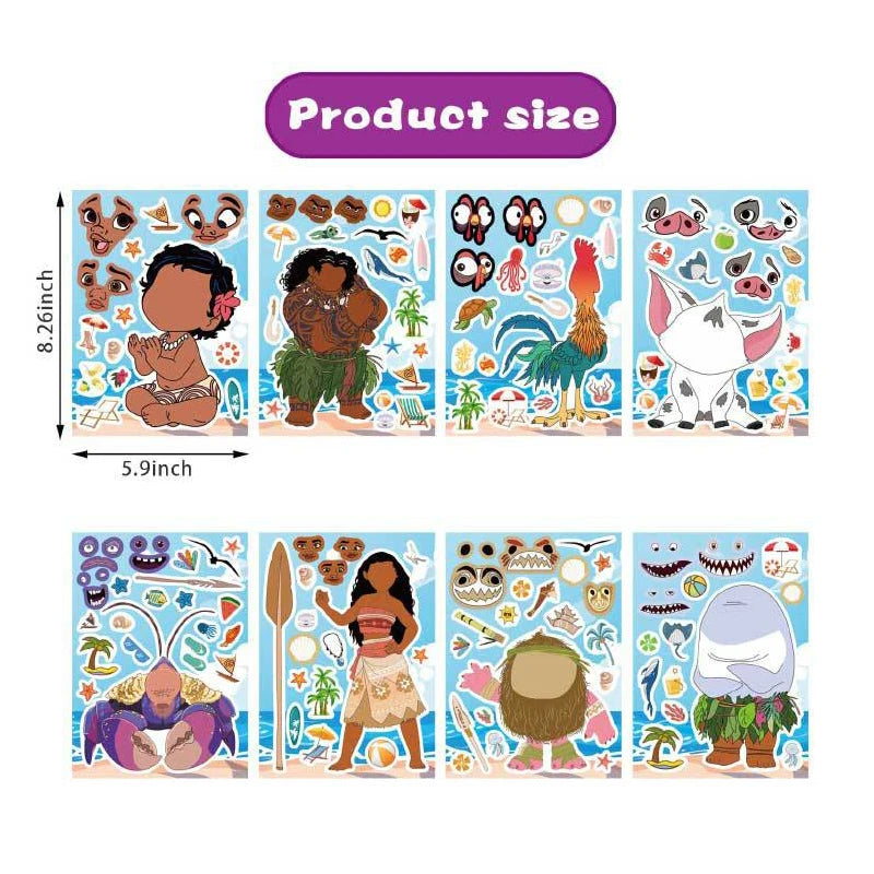 8/16Sheets Disney Moana Puzzle Stickers Game Make a Face Children Assemble Jigsaw DIY Decoration Kids Educational Toys Party