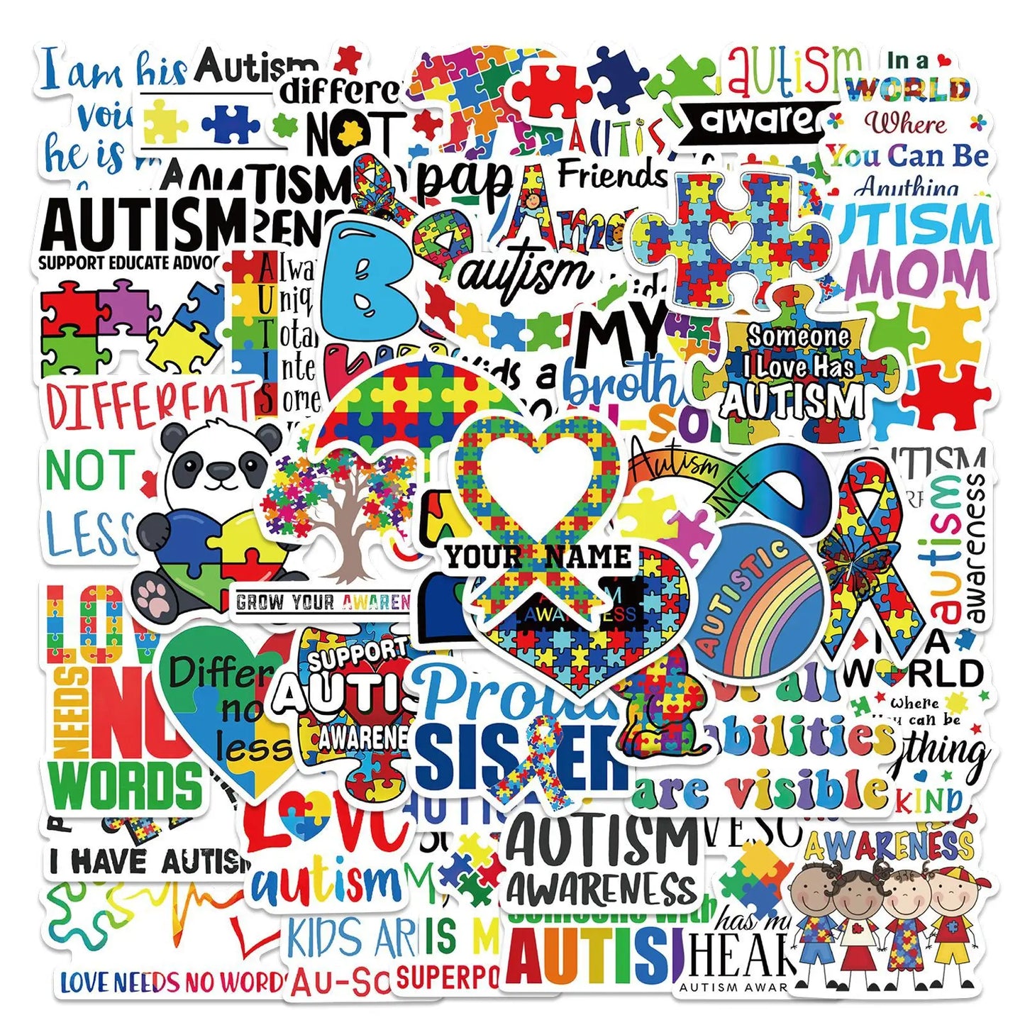 50pcs Cartoon Autism Care Stickers for Helmet, Wall, DIY Decoration