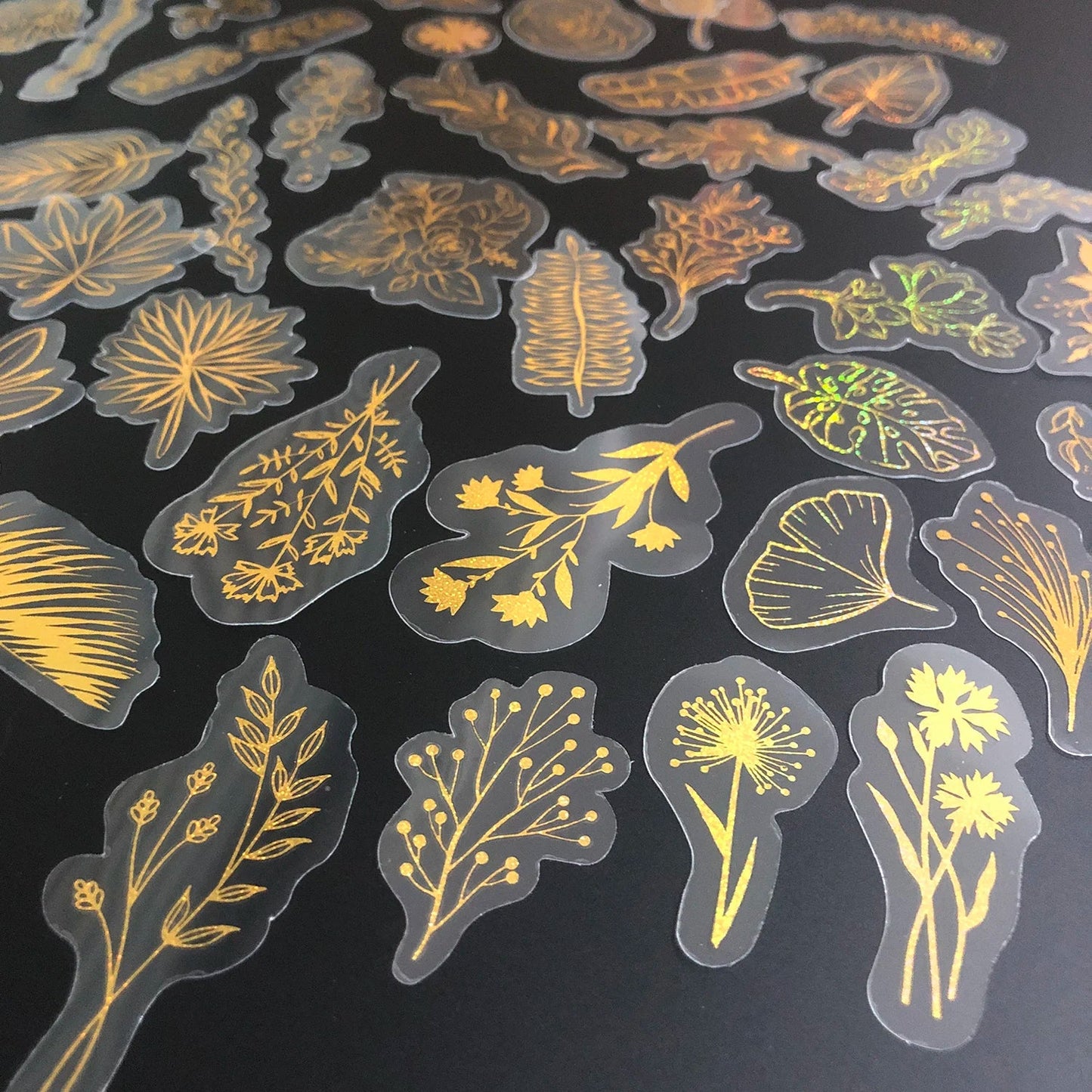 80 Glitter Gold Waterproof Plant Flower Stickers, Transparent PET Adhesive Decals