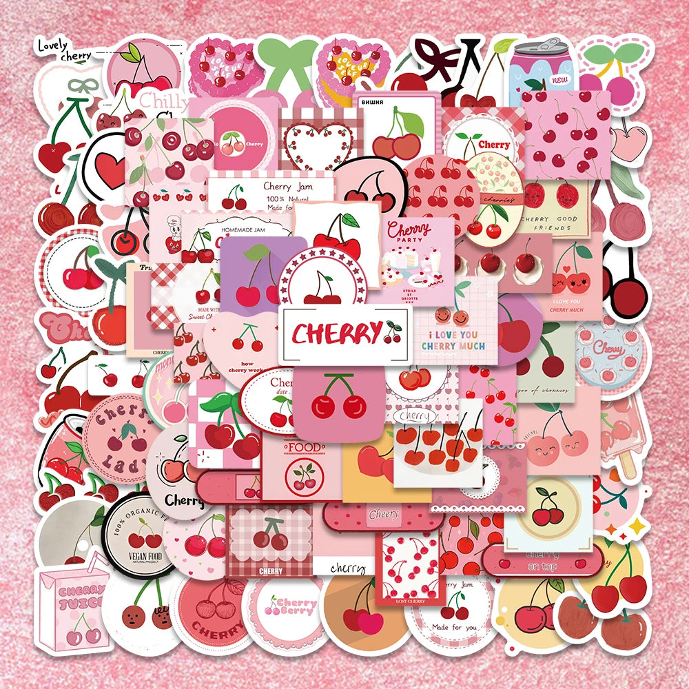 90PCS Kawaii Pink Fruit Stickers for Laptop, Guitar, Phone, Stationery, Kids