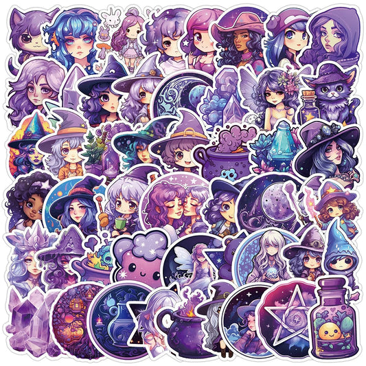 Purple Witch Aesthetic Stickers Decals for Laptop, Scrapbook, Water Bottle, Phone, Diary - 10/30/50/100pcs