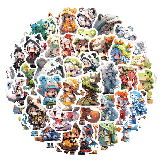 Cartoon Pixel Animal Girl Stickers for Suitcase, Skateboard, Laptop, Phone, DIY Decal (10/30/50 Pcs)