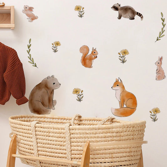 Boho Forest Animals Wall Stickers: Deer, Fox, Bunny, Leaves - Nursery Room Decor