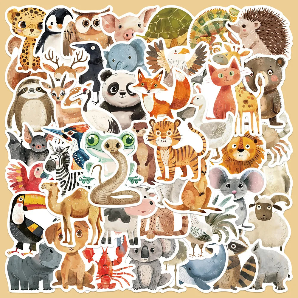 50pcs Cute Cartoon Animal Stickers for Helmet, Wall, Desktop Decoration