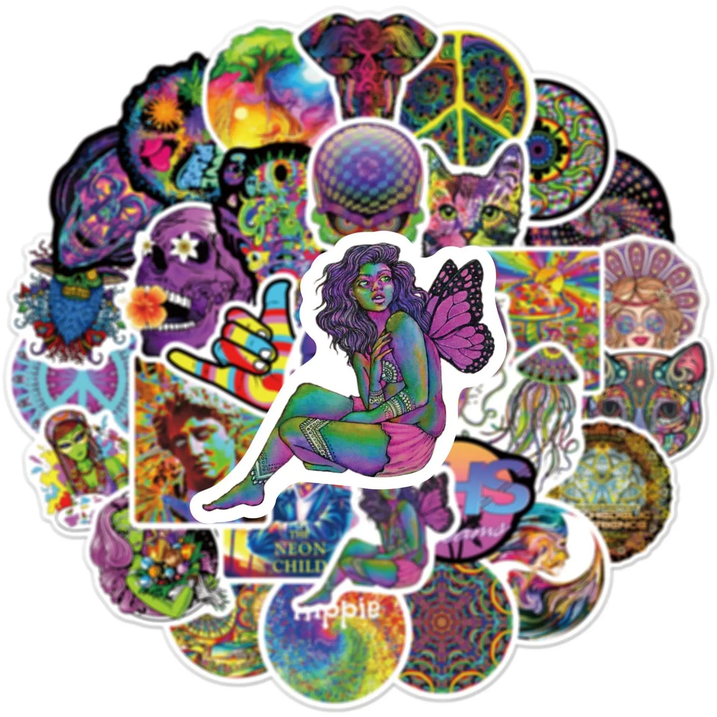 50pcs Hippy Psychedelic Graffiti Stickers Pack Phone Case Ipad Motorcycle DIY Sticker Scrapbooking Supplies Journal Accessories