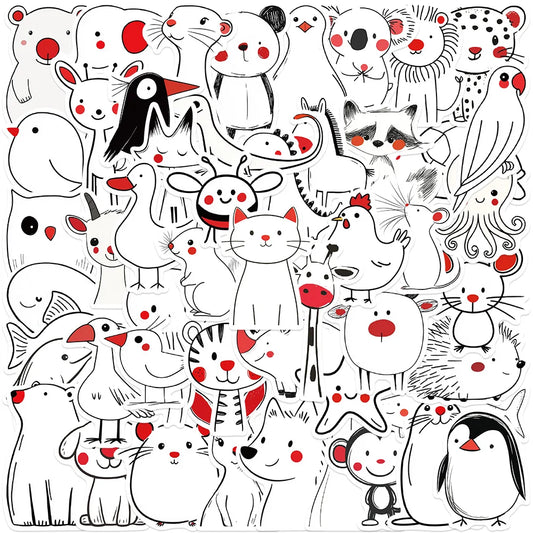50pcs Cute Cartoon Black and White Simplified Animals Stickers For Luggage Laptop Guitar Phone Bicycle Waterproof Vinyl Decals