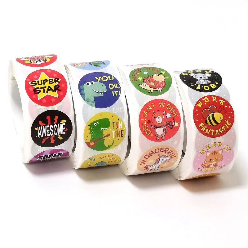 500 Pcs/Roll English Cartoon Animal Stickers Teacher Reward Students Stickers Self-adhesive Stationery Stickers