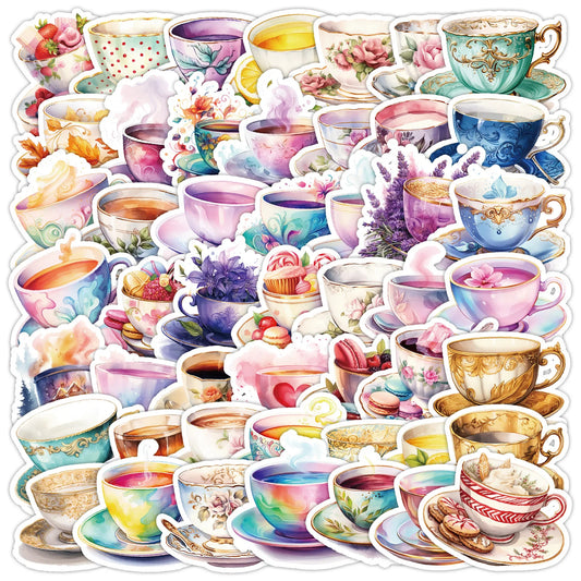 50pcs Cute Watercolor Teacup Stickers for Helmet, Wall, DIY Decoration