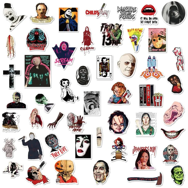 10/25/50pcs Mixed Horror Movie Sticker Packs, Chucky from Child’s Play, Jason, Killer Klowns, They Live, and more