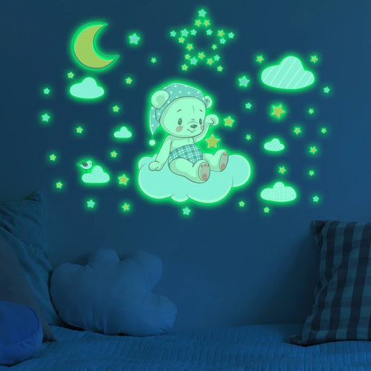 Glow in the Dark Bear Moon Cloud Wall Stickers for Kids Room Decor