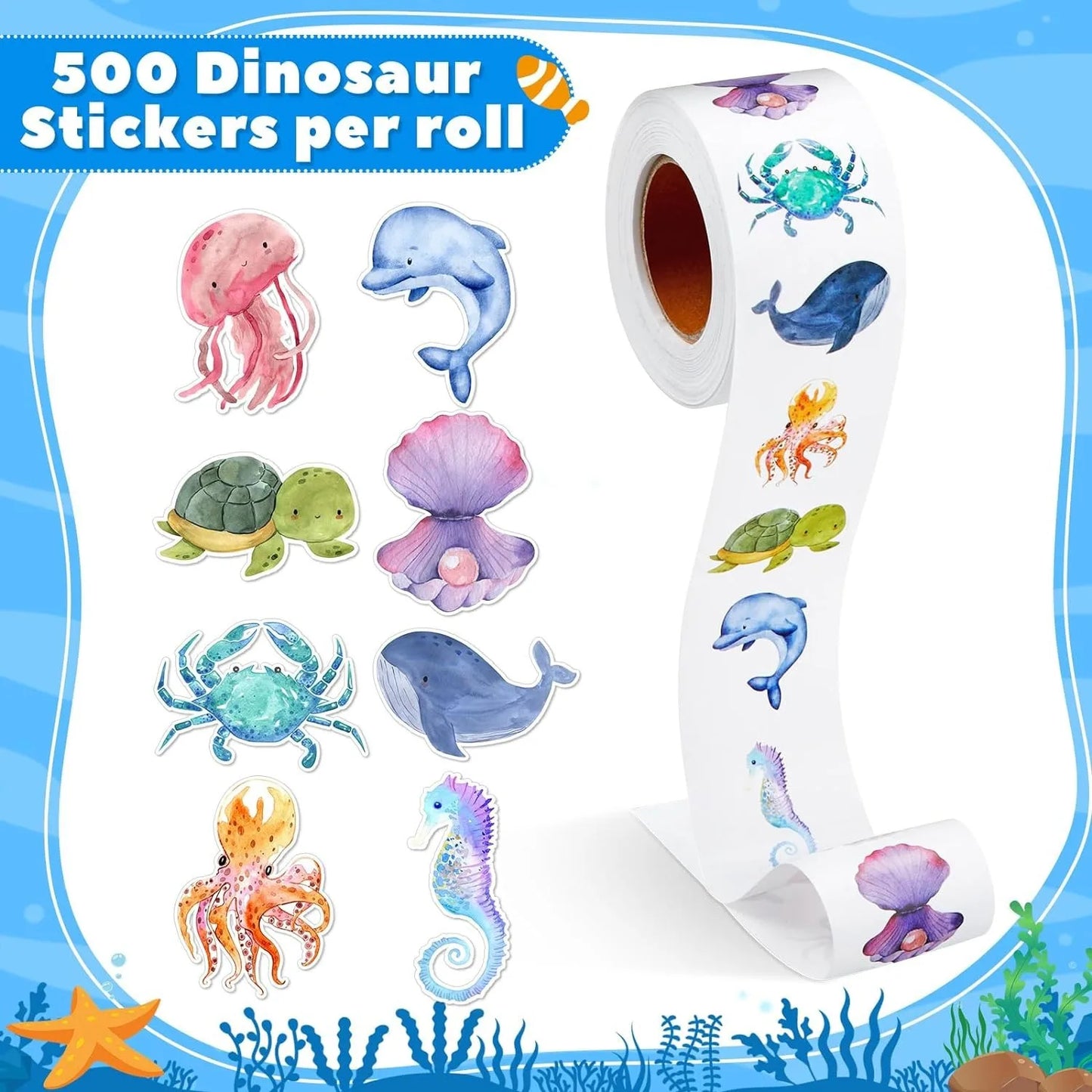 500Pcs /1 Rolls 2.5cm/1inch Aliens of mMarine Animals Sticker Decoration Gift Box Sticker Label Stationery Sticker