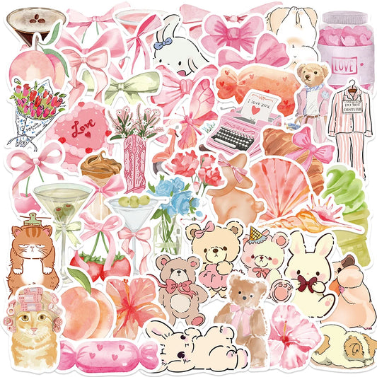 Pink Bear Bow Stickers - 10/30/50pcs Kawaii Decals for Notebook, Phone, Fridge, Bike, Kids Toy