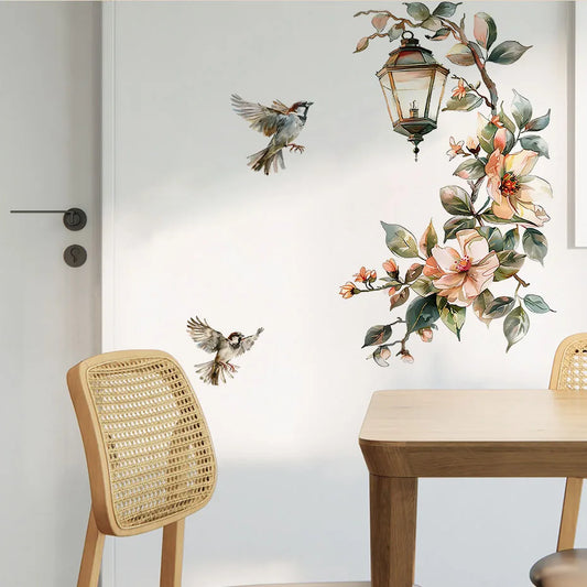 Colorful Flower Pendant Lamp Bird Wall Sticker for Bedroom, Living Room, Entrance, Home Decoration, Self-adhesive