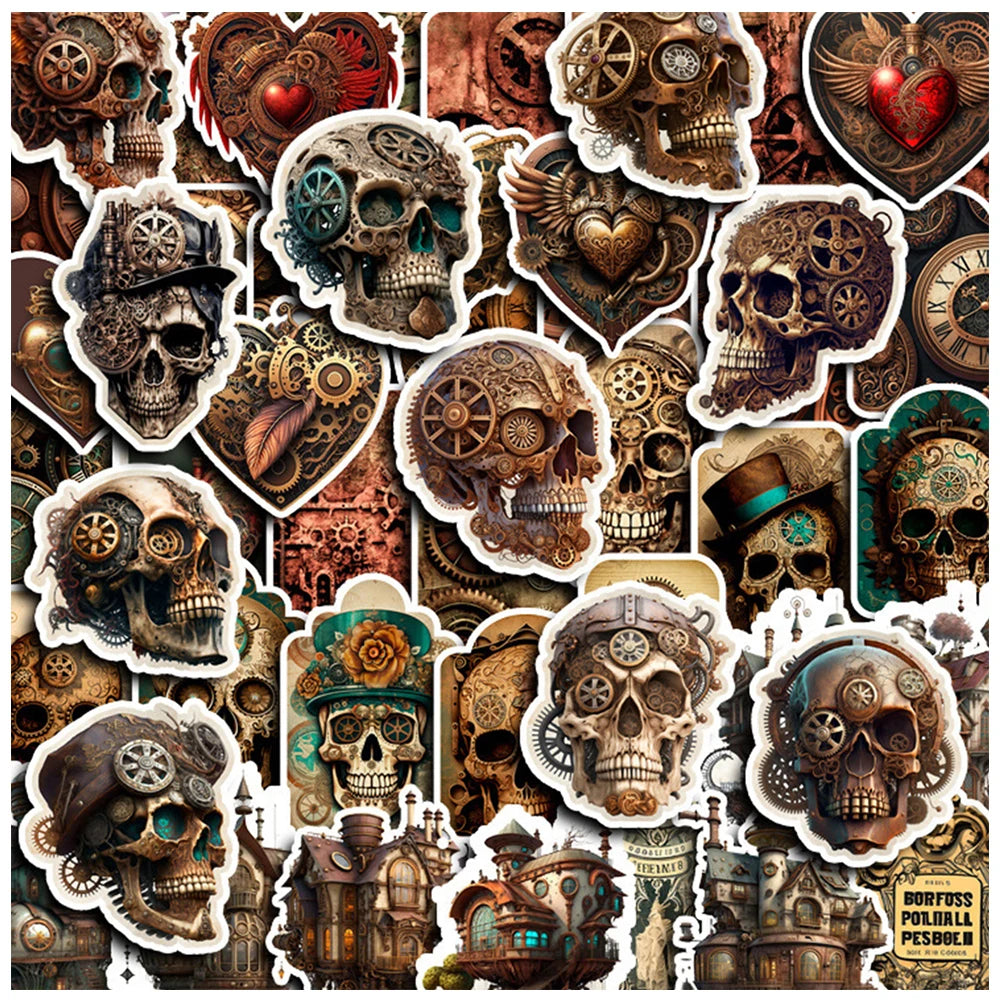 10/30/50pcs Vintage Steampunk Skull Collection Sticker Packs