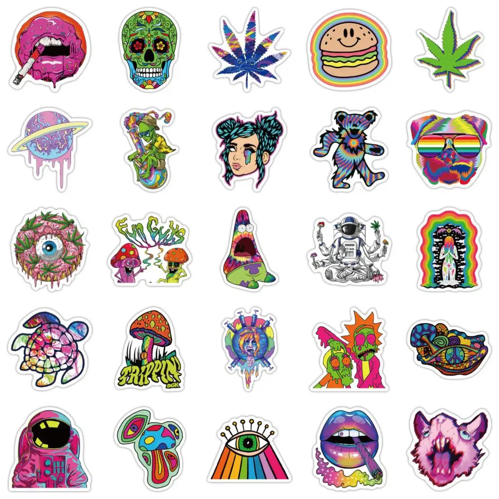 52PCS Cartoon Colorful Psychedelic Trippy Stickers Aesthetics Laptop Guitar Luggage Phone Graffiti Sticker Decal Kid Toy