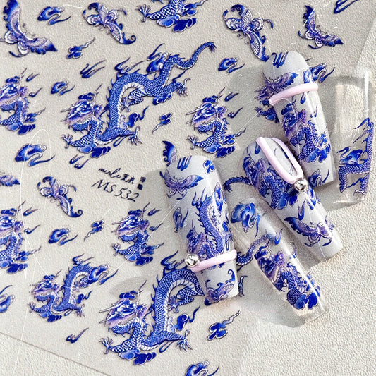 3D Dragon Porcelain Nail Art Stickers - Red, Pink, Blue, White