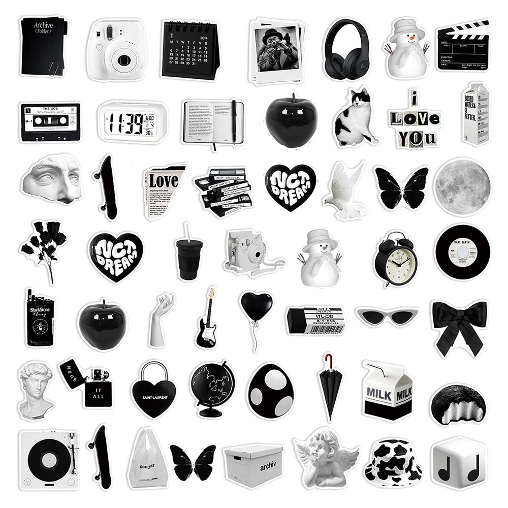 10/30/50pcs Ins Style Cute Stickers Aesthetic Black White Simple Decals Decoration Scrapbook Suitcase Laptop Fridge Wall Sticker