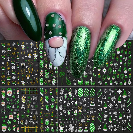 12pcs 3D Christmas Nail Stickers: Elk, Snowflake, Holly