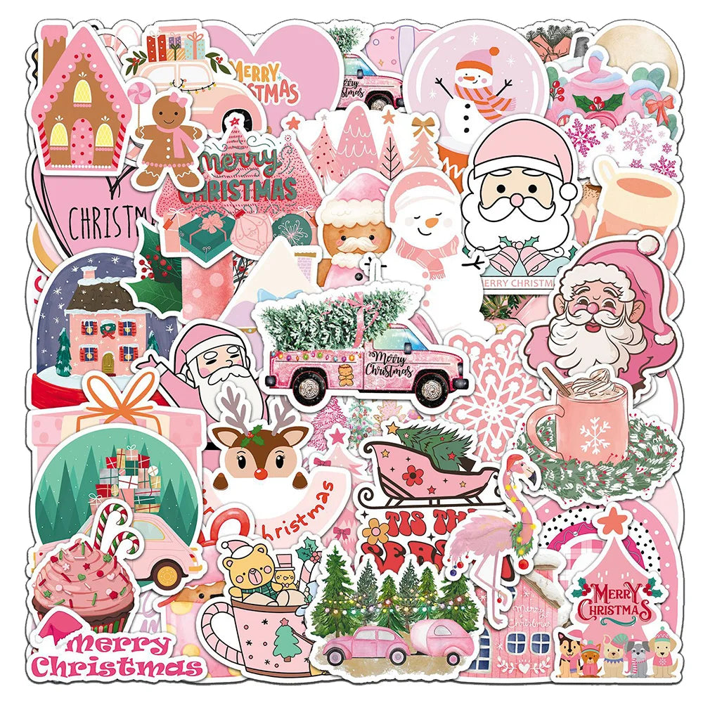 Cute Cartoon Pink Christmas Stickers for Laptop, Notebook, Suitcase Decoration (10/30/50pcs)