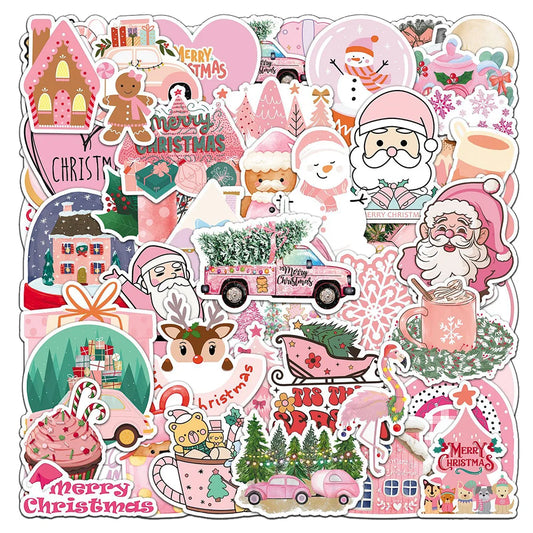Cute Cartoon Pink Christmas Stickers for Laptop, Notebook, Suitcase Decoration (10/30/50pcs)