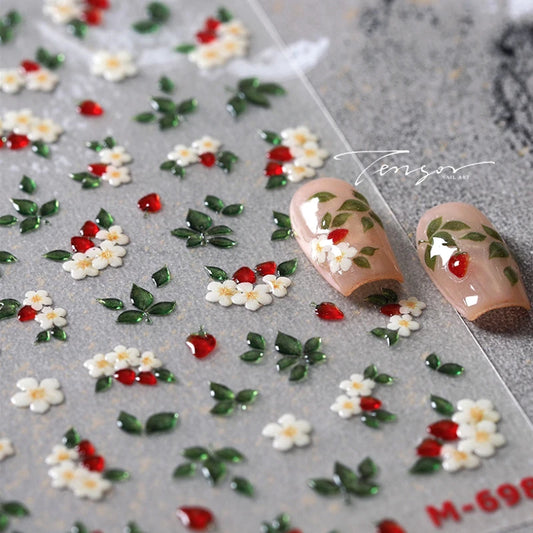 White Flower Nail Art Stickers with Rhinestones