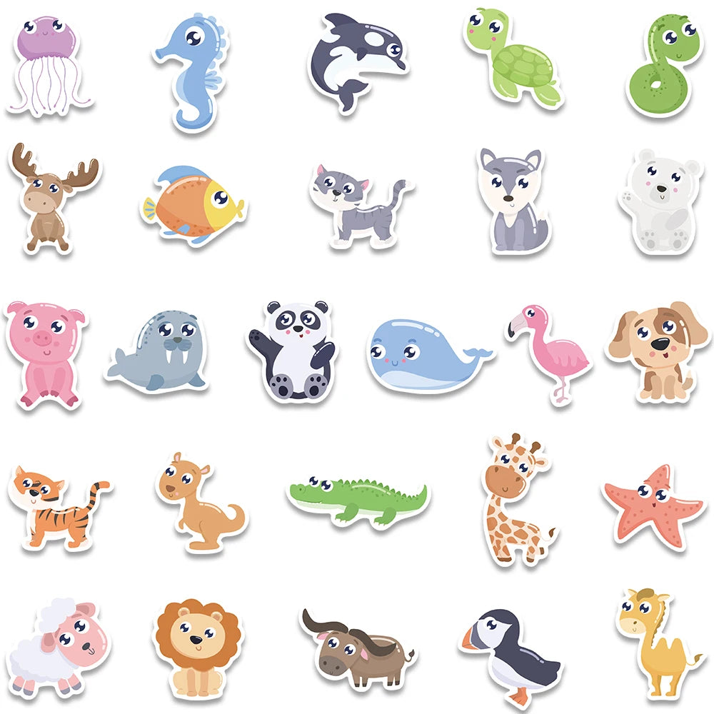 52pcs Cute Cartoon Animals Stickers For Laptop Guitar Luggage Skateboard DIY Waterproof Graffiti Bicycle Car Decals Kids Toy