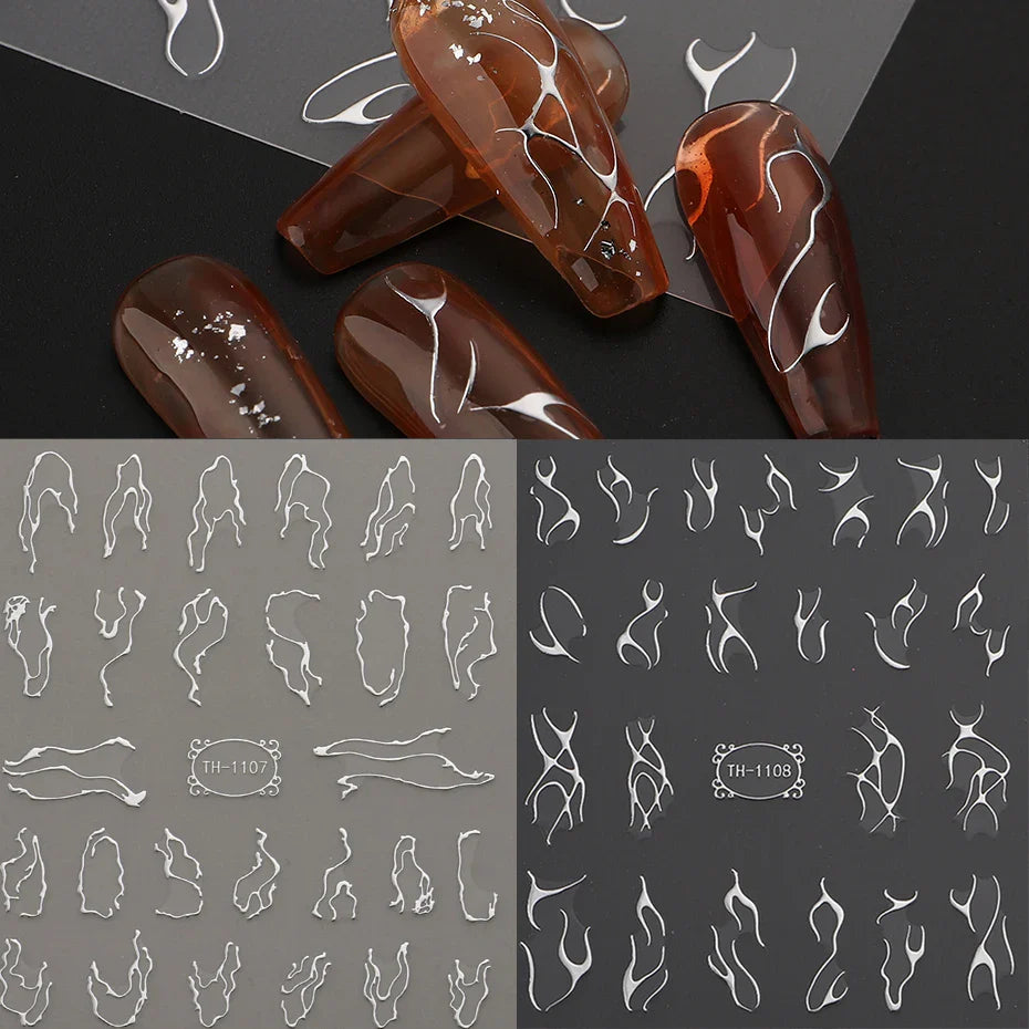 3D Metallic Silver Nail Stickers Thorns Vine Curve Stripes Tape Swirl Decals