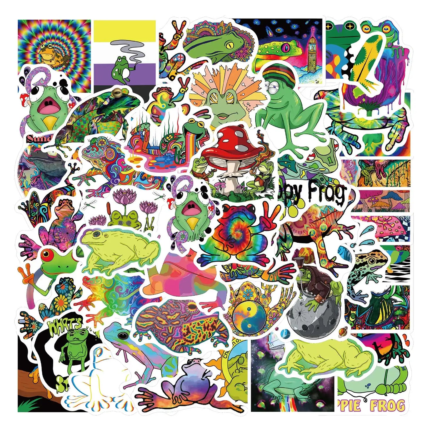 50PCS Cartoon Colorful Psychedelic Frog Stickers Aesthetics Laptop Guitar Luggage Phone Graffiti Sticker Decal Kid Toy