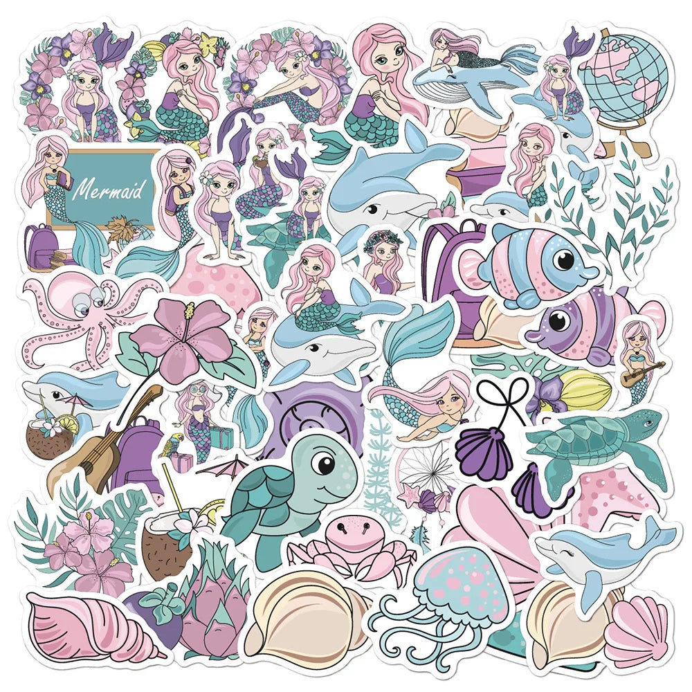 10/30/50PCS Cute Mermaid Animal Sticker Kid Toy Funny Aquatic Creatures DIY Phone Luggage Laptop Notebook Cartoon Sticker Decals