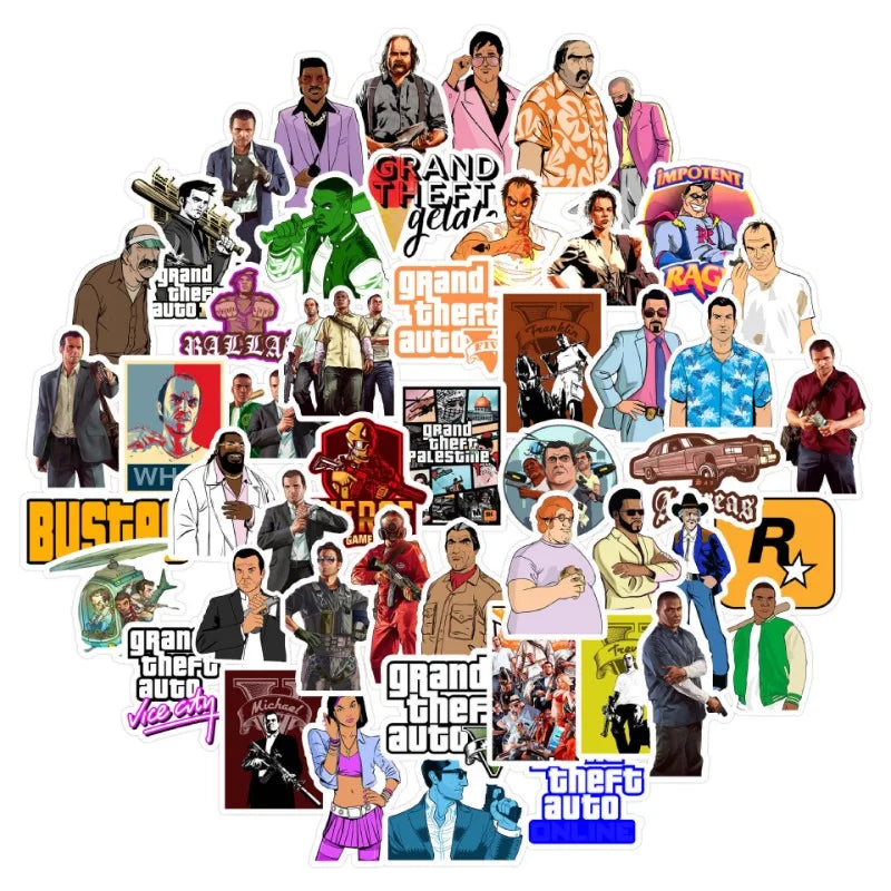 50pcs Grand Theft Auto GTA Stickers for Luggage, Phone, Car, Laptop, Scooter, Refrigerator