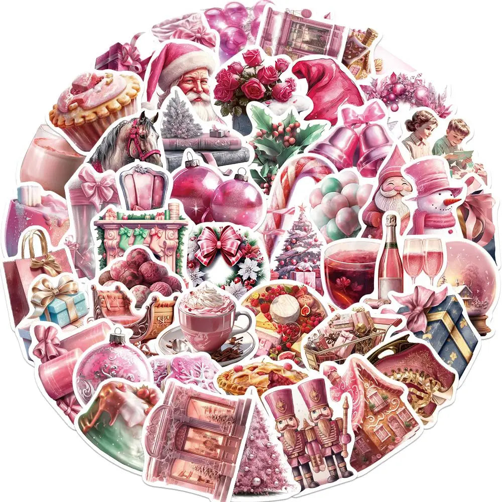 10/25/50PCS Pink Christmas Graffiti Sticker Waterproof PVC Cartoon Art Decoration Luggage Phone Cup Laptop Computer Gift Decal