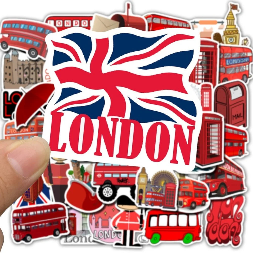 50Pcs/Lot Waterproof London Red Bus Telephone Booth PVC Stickers For Laptop Motorcycle Skateboard Luggage Decal Toy Sticker