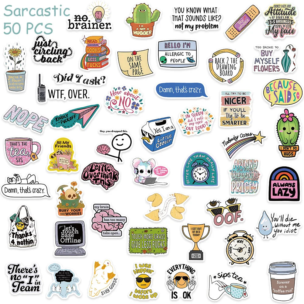 50pcs Cartoon Sarcastic Stickers Decals For Phone Laptop Refrigerator Notebook Suitcase Aesthetic Waterproof Stickers