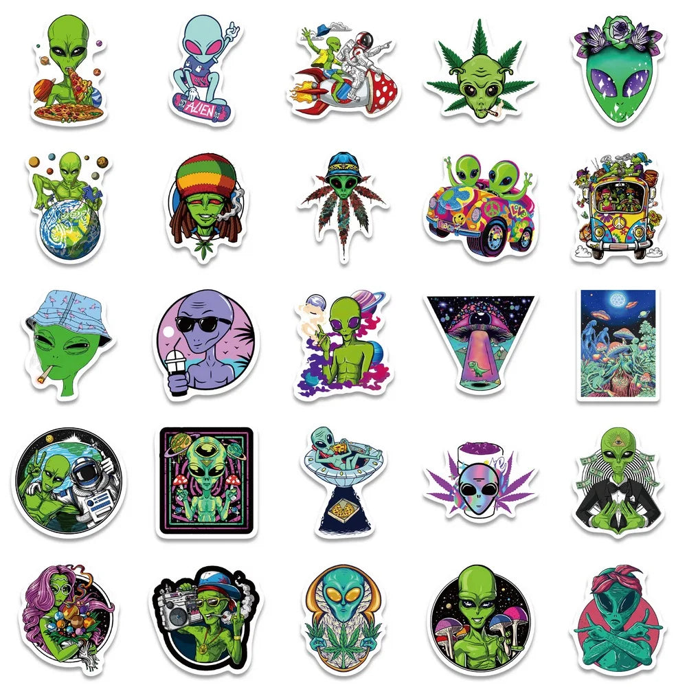 50pcs Psychedelic Alien Weed Characteristics Stickers Laptop Car Bike Travel Luggage Fridge Vinyl Decal Waterproof Sticker Toy