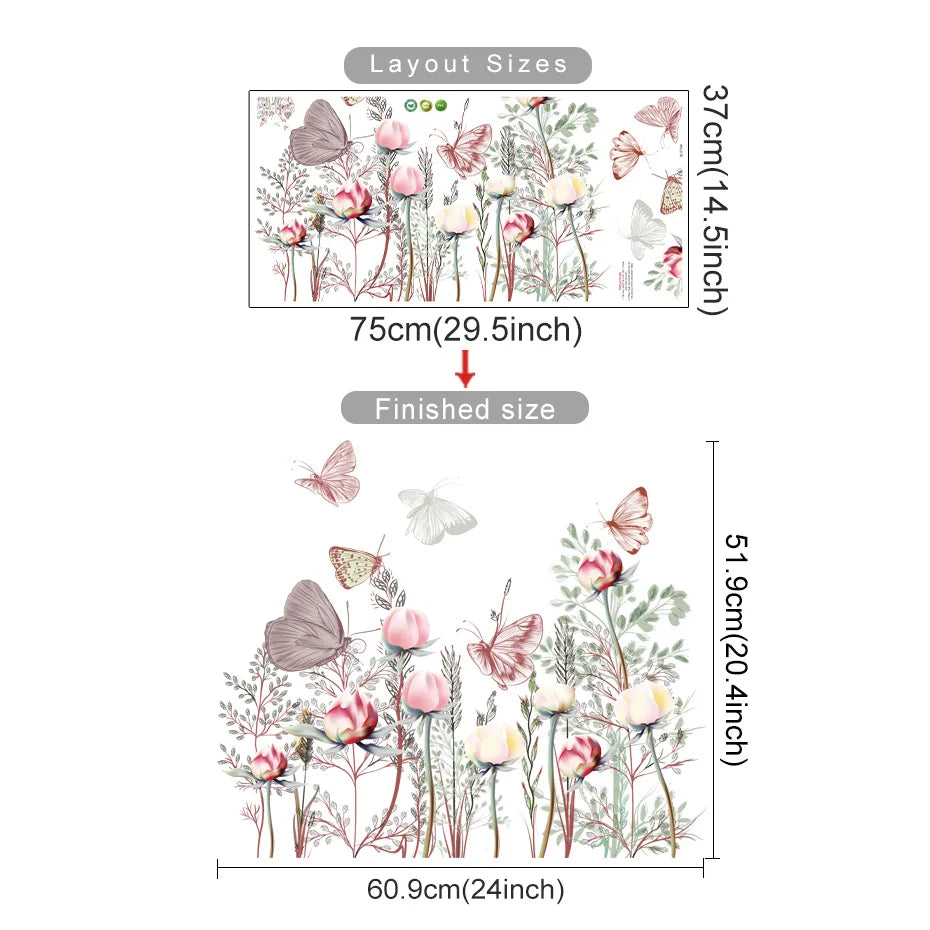 Butterfly Wall Stickers for Kids Nursery - Pink Flowers & Green Leaves Decor