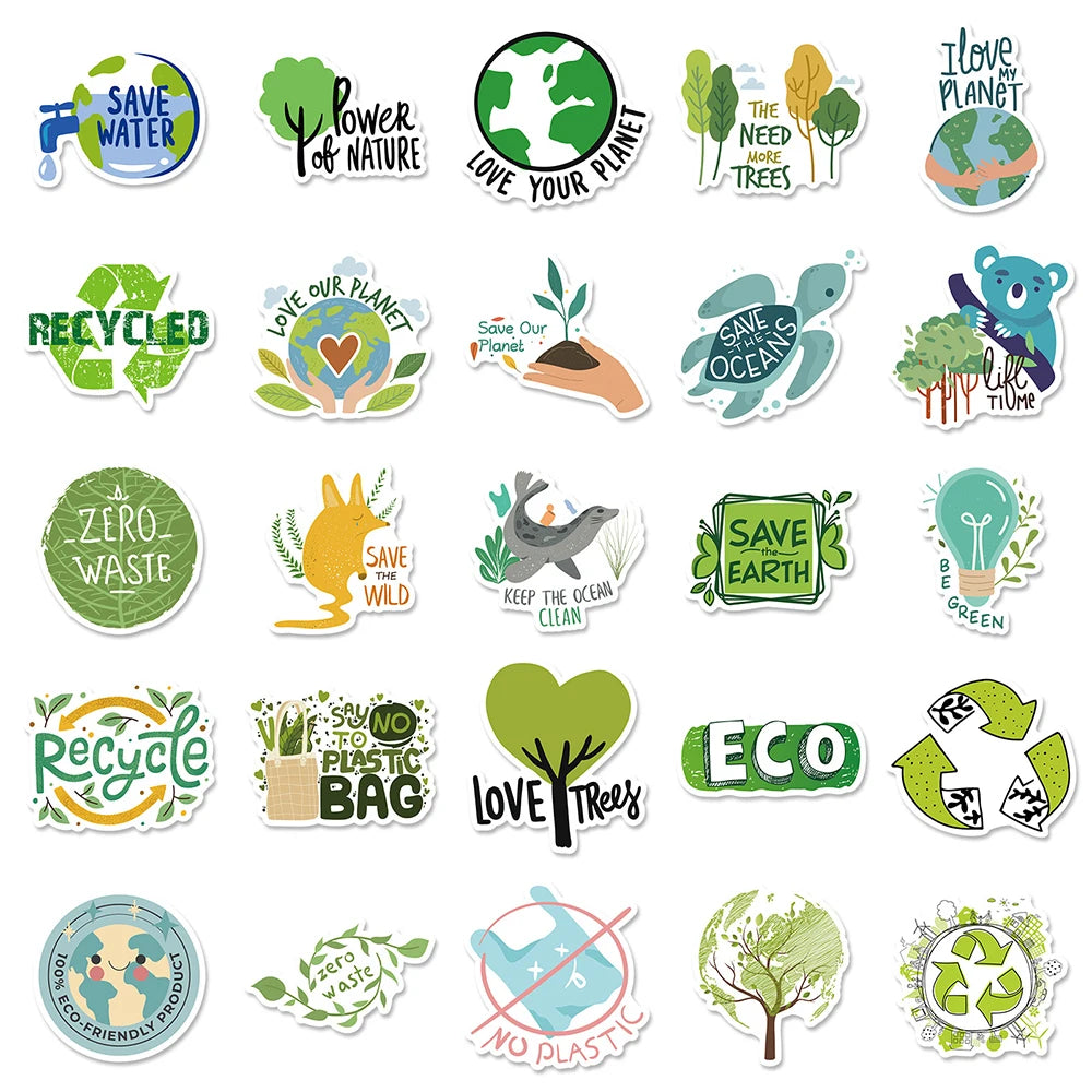 10/30/50PCS Protect Environment Green Cartoon Sticker DIY Waterproof Suitcae Bicycle Skateboard Scrapbook Car Laptop Wall Decals