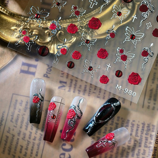 Gothic Red Butterfly Snake Nail Art Stickers Decals