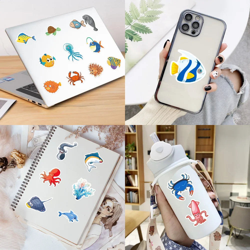 10/50Pcs Cartoon Marine Life Fish And Shrimp Sticker For Kids Toys Luggage Laptop Ipad Skateboard Stickers Wholesale