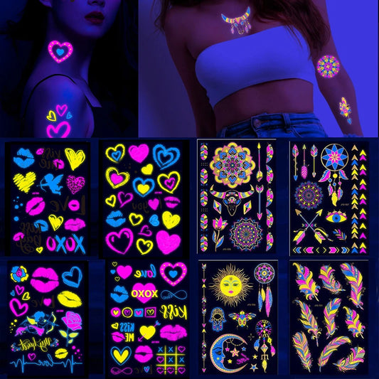 UV Glow Fluorescent Bull Tattoo Stickers Waterproof Body Art Decals