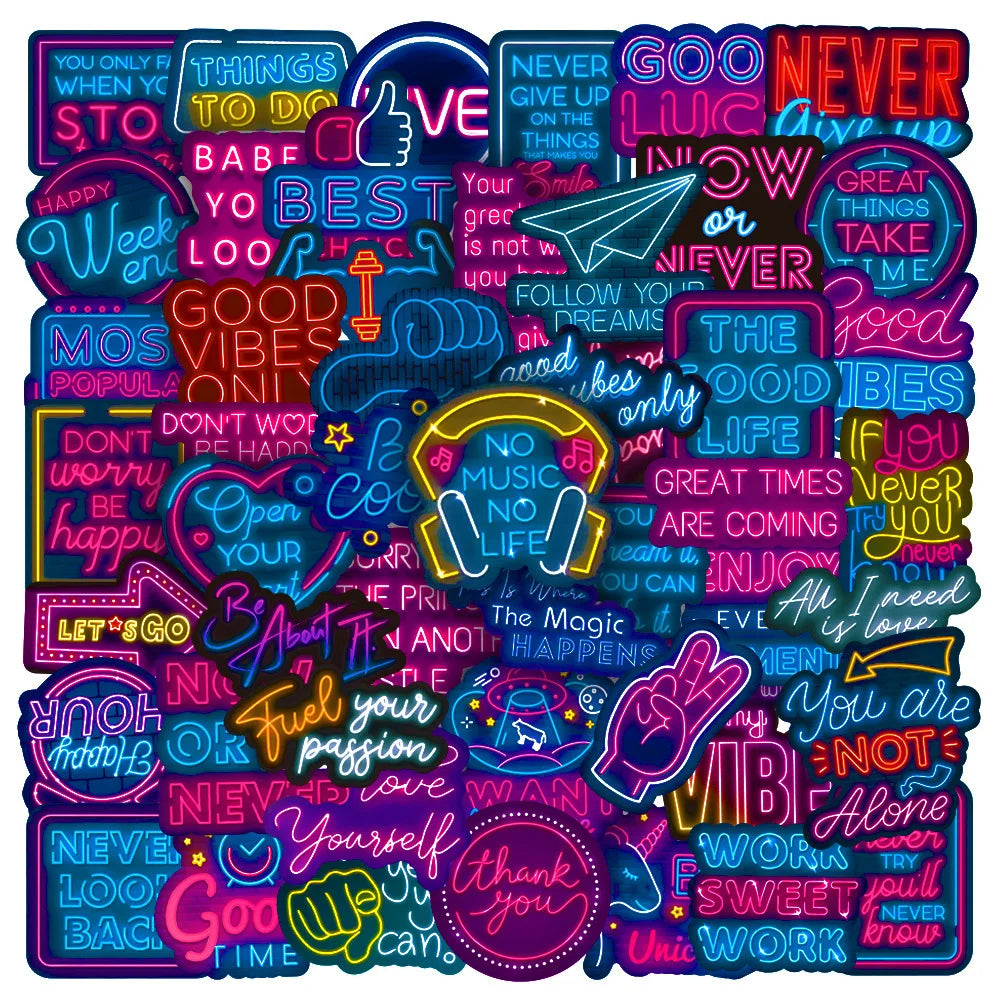 Neon Inspirational Stickers - 10/30/50PCS Graffiti Decals for Laptop, Phone, Guitar, Suitcase