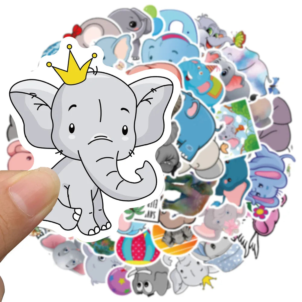 50pcs Cute Cartoon Animals Elephant Graffiti Stickers For Laptop Water Bottle Fridge Phone Bicycle Car Decals Kids Toy