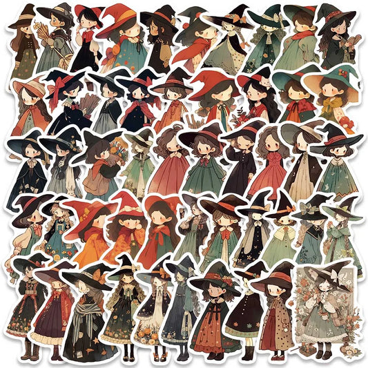 50pcs Cute Witch Girl Anime Stickers for Laptop, Phone, Luggage, Guitar