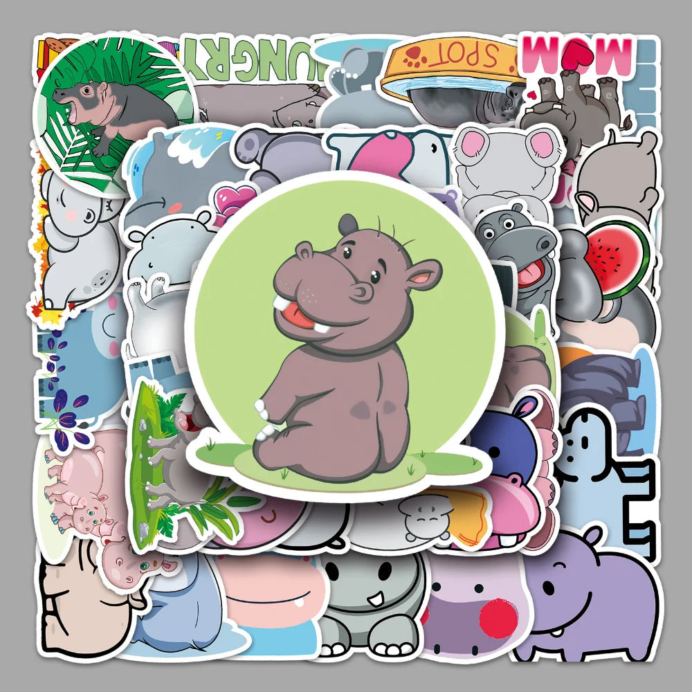 10/50PCS Cartoon Animal Hippo Sticker DIY Phone Laptop Luggage Skateboard Graffiti Decals Fun for Kid Toys