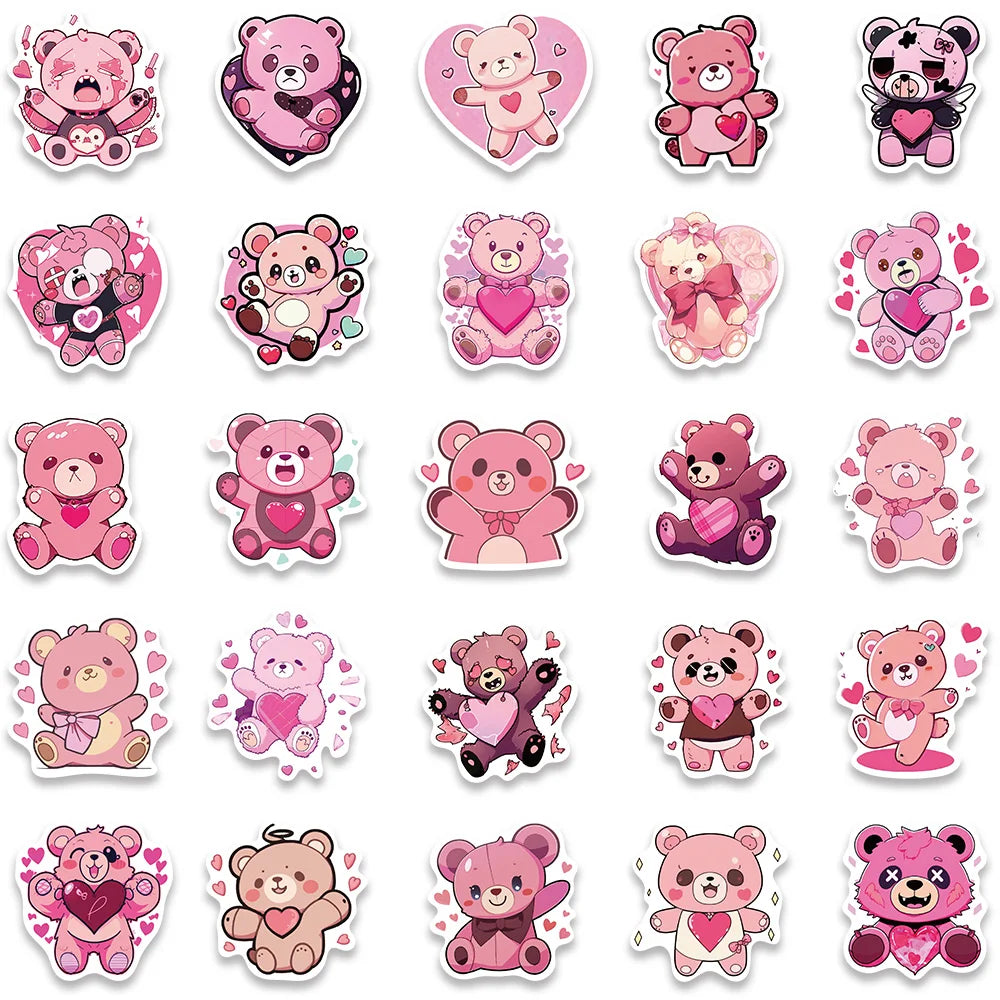 50pcs Cute Cartoon Love Heart Bear Stickers Kids Toy Vinyl Laptop Decals Luggage Phone Diary Guitar Car Waterproof Graffiti