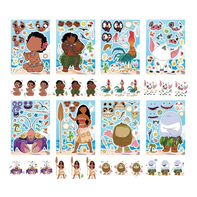 8/16Sheets Disney Moana Puzzle Stickers Game Make a Face Children Assemble Jigsaw DIY Decoration Kids Educational Toys Party