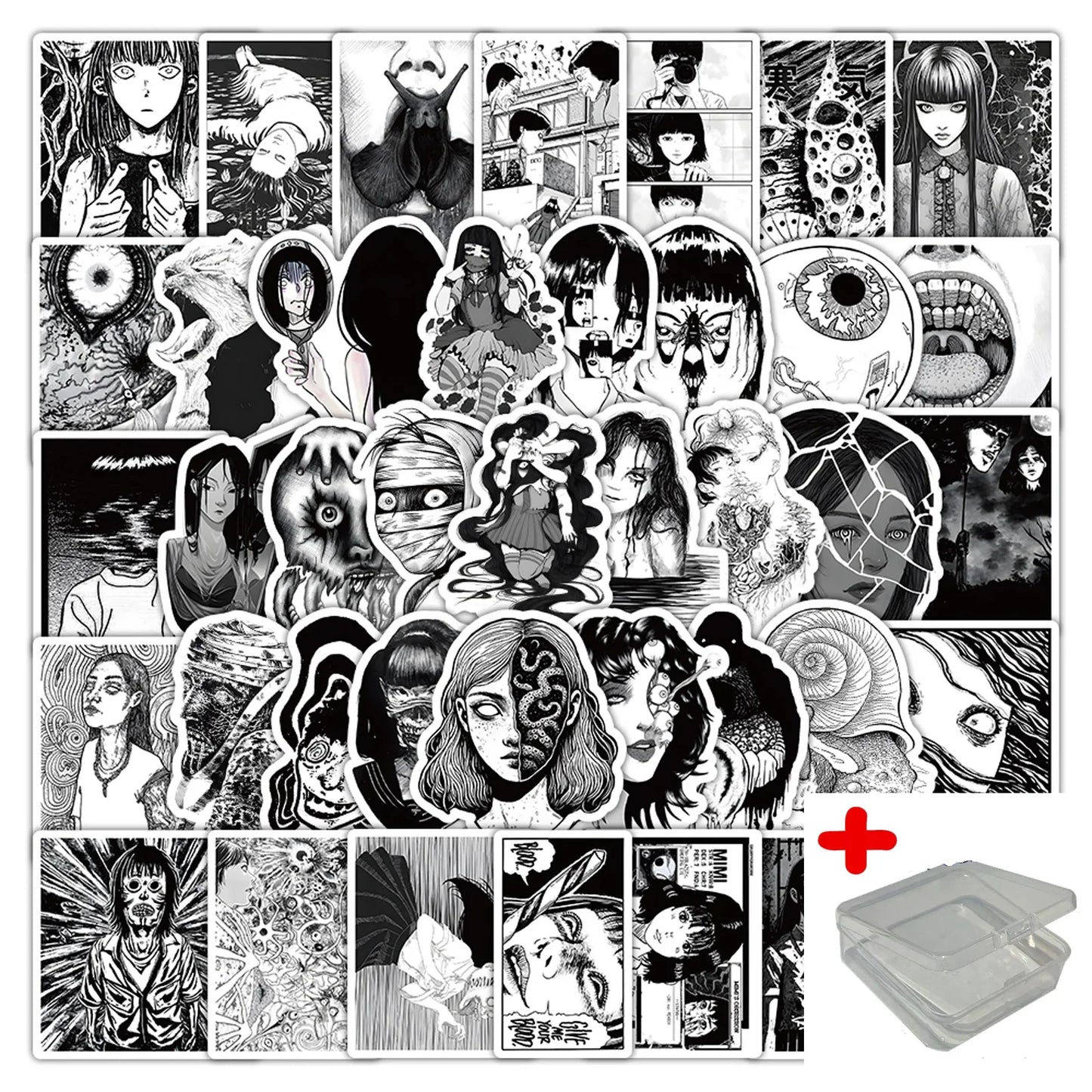 53pcs Black & White Horror Anime Stickers for Wall Decoration with Storage Box