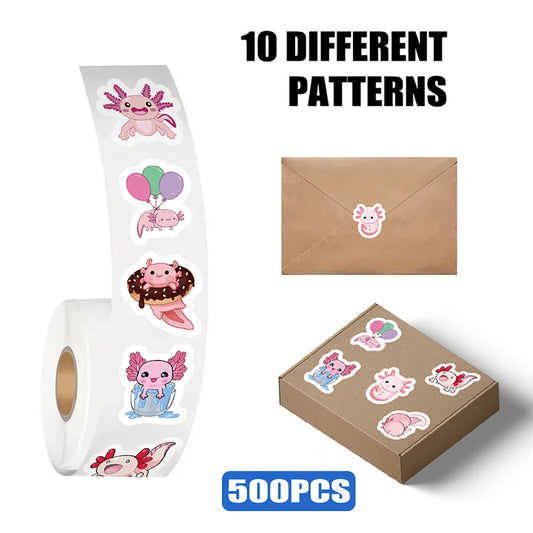 500pcs Axolotl Stickers Roll Cartoon Animal Decals for Kids Scrapbook Laptop